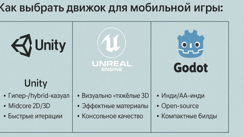 Как выбрать движок для мобильной игры: Unity, Unreal или Godot?