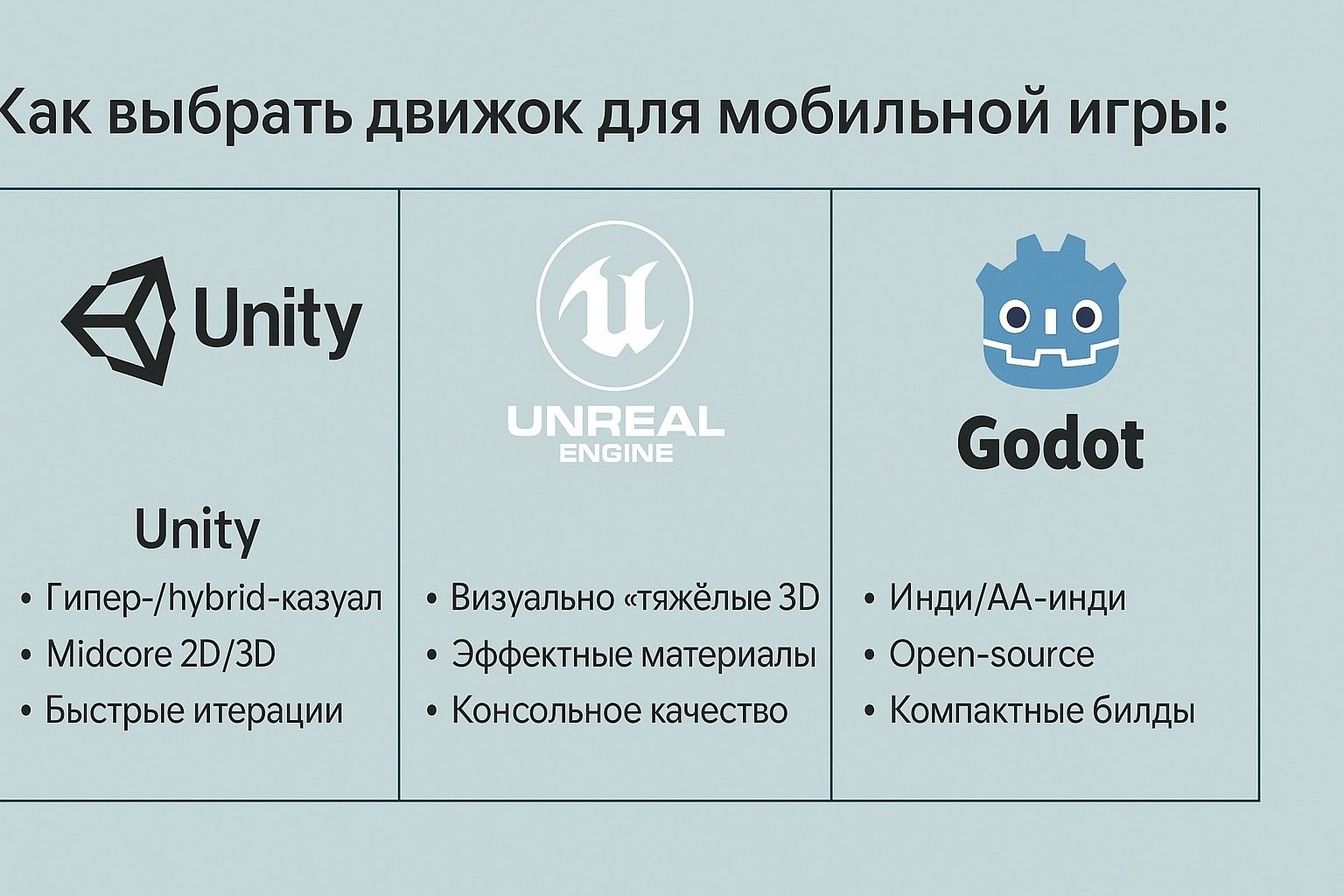 Как выбрать движок для мобильной игры: Unity, Unreal или Godot?